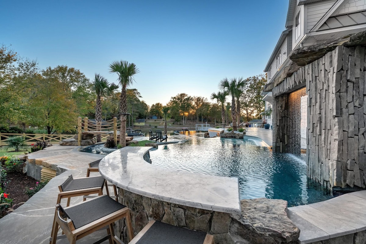 Pool and lazy river detail with lounge space for sunny Lake Murray days.